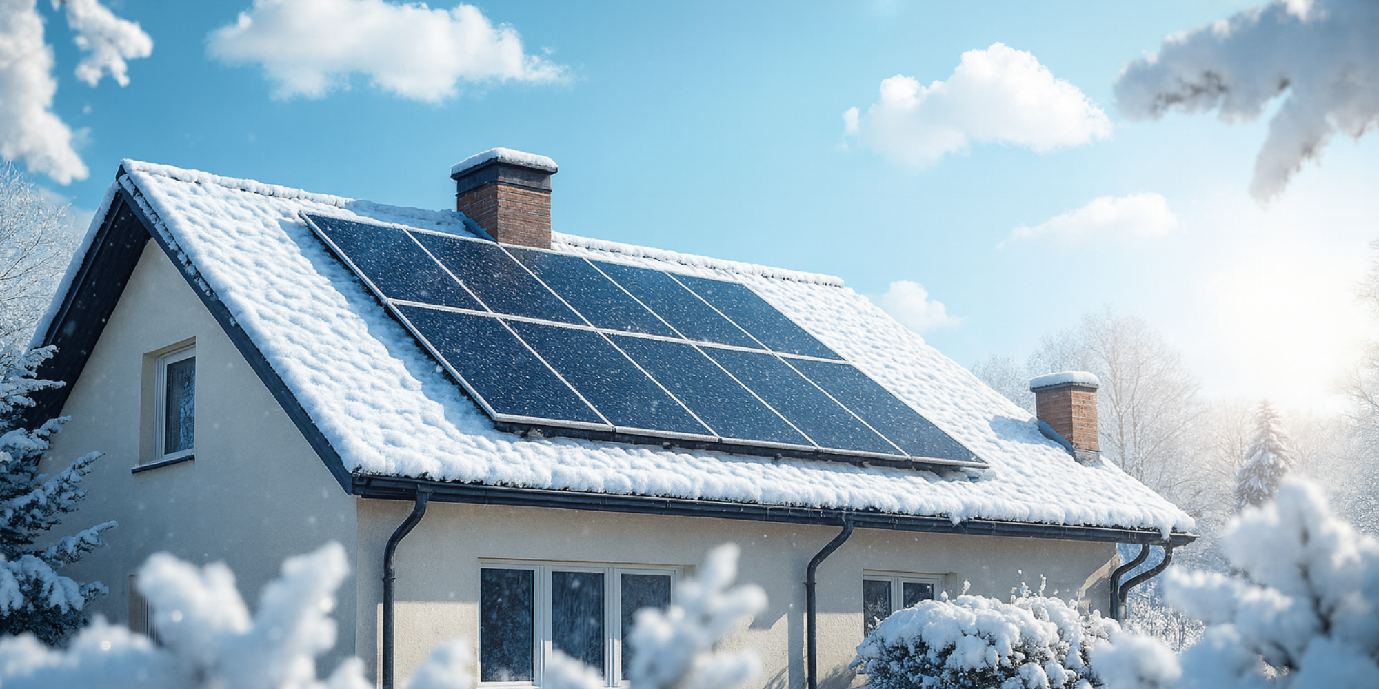 Panneaux solaires enneigés recevant la lumière du soleil hivernal